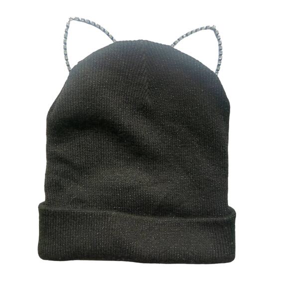 BEANIE Hat Kitty Cat Ears Rhinestone Sparkle One Size Black Hat Fall Knit Warm - Picture 1 of 4